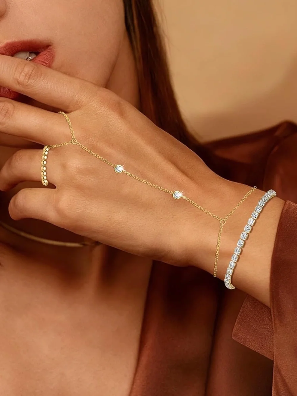 Anthropologie Gold Hand Chain with Clear Stones